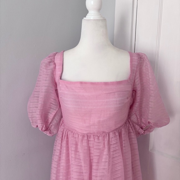 BHLDN x Free People Alaine Dress Mini Puff Sleeve Bow Back Square Neck Pink - Picture 3 of 7